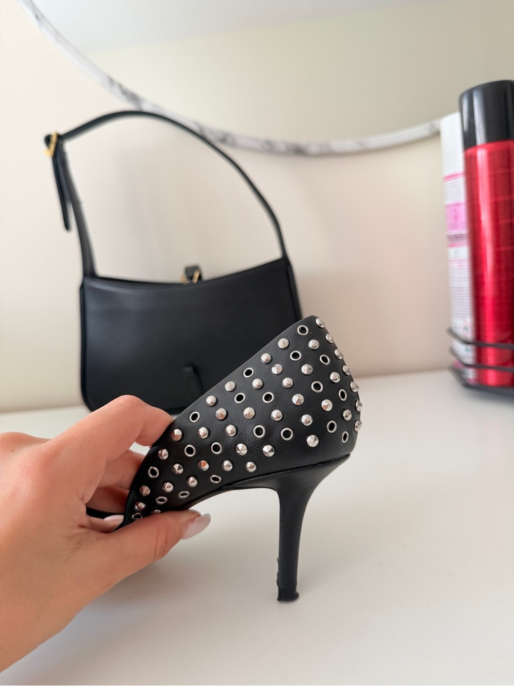Zara Black Pointed-Toe Studded Kitten Heels - Picture 6 of 6